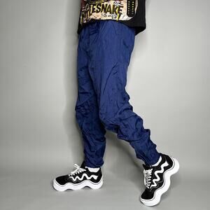 Vintage 90s Track Pants Mens M Navy Blue Nylon Joggers Cuffs Ankle Zippers